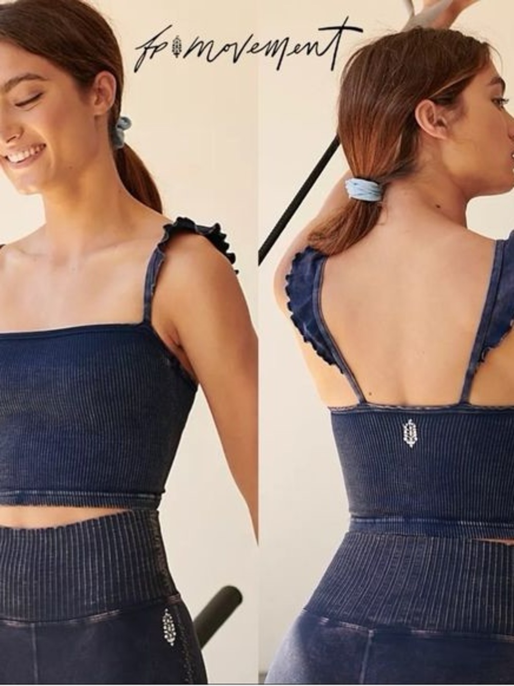 Free People Movement Ribbed Ruffle Straps Happiness Runs Flirty Crop Top